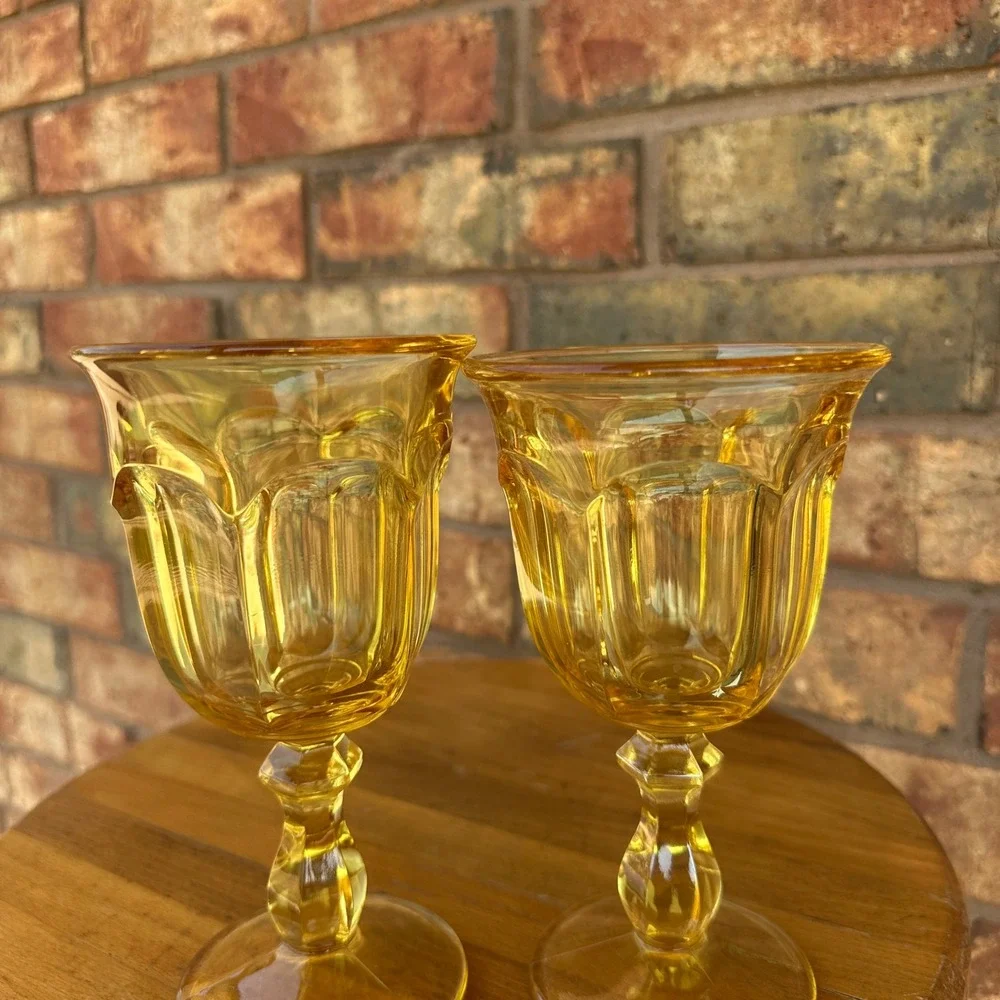 Vintage Amber Glass Goblets Set of 2 Fluted Stemware Mid Century Modern Yellow